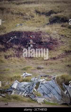 B-29 `Over Exposed` crash site, Glossop, England. The wreckage of the B-29 Superfortress stands as a memorial on the moors above Glossop, in the Peak Stock Photo